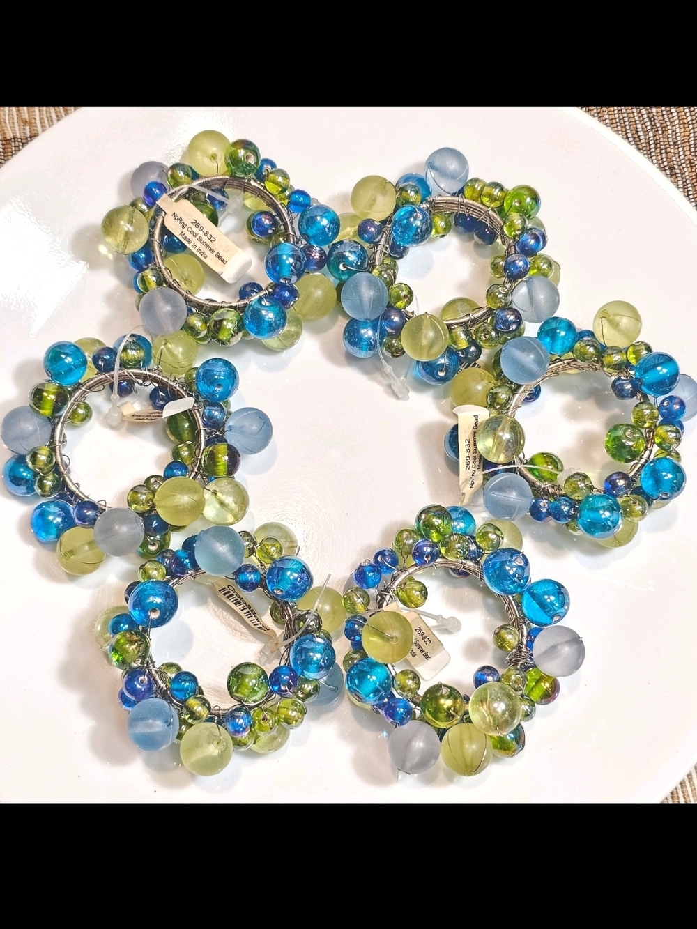6 Cool Summer Green Blue and White Beachy Glass  Beaded Napkin Ring  Holders